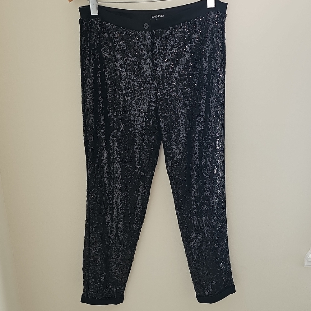 Bebe Black Sequin Pants Size 10. Front Zipper Embellished Pants